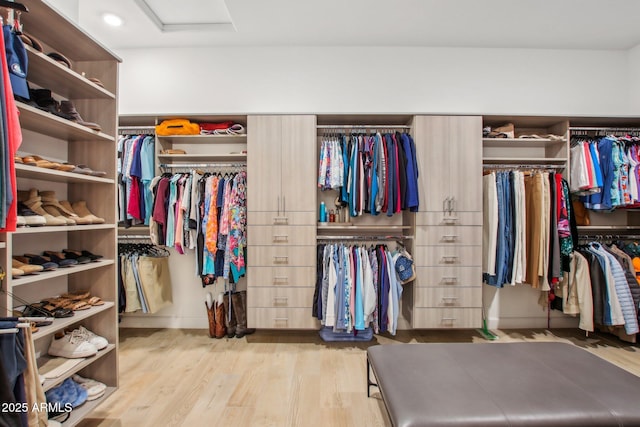 spacious closet featuring attic access and wood finished floors