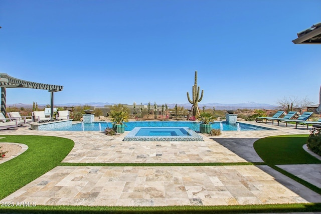 view of swimming pool with a patio, an in ground hot tub, and an infinity pool