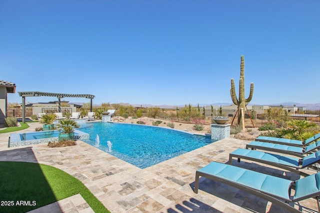 view of swimming pool featuring a patio area, a fenced in pool, a pergola, and fence