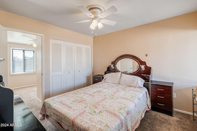 bedroom featuring a closet, ceiling fan, and carpet