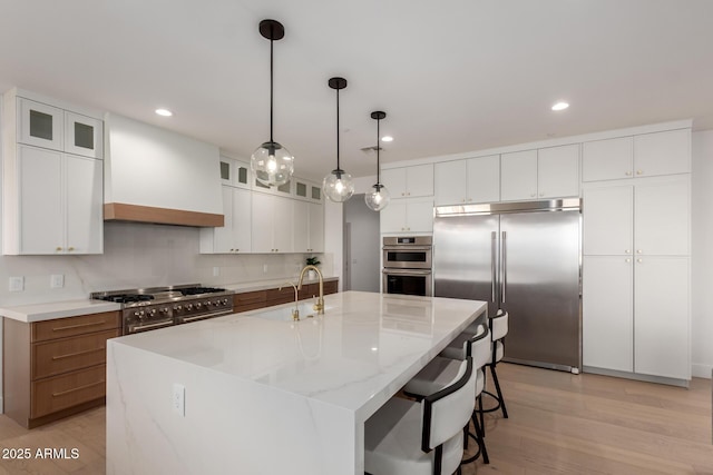 kitchen with light wood finished floors, custom range hood, backsplash, a sink, and high quality appliances