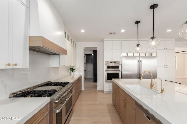 kitchen with tasteful backsplash, visible vents, premium appliances, premium range hood, and a sink