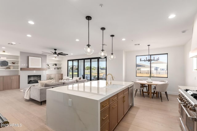 kitchen featuring a glass covered fireplace, stainless steel appliances, light wood-type flooring, a sink, and recessed lighting