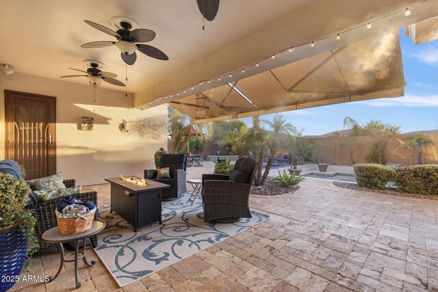 5122 S Miller Pl, Chandler, AZ 85249 - view of patio / terrace with fence, a ceiling fan, and an outdoor fire pit
