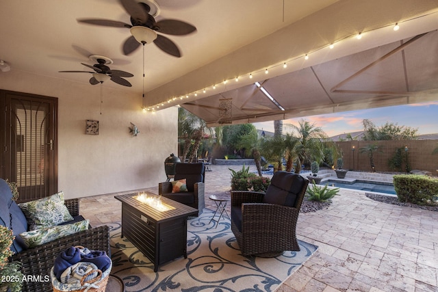 5122 S Miller Pl, Chandler, AZ 85249 - view of patio / terrace featuring a fenced in pool, an outdoor living space with a fire pit, ceiling fan, and a fenced backyard