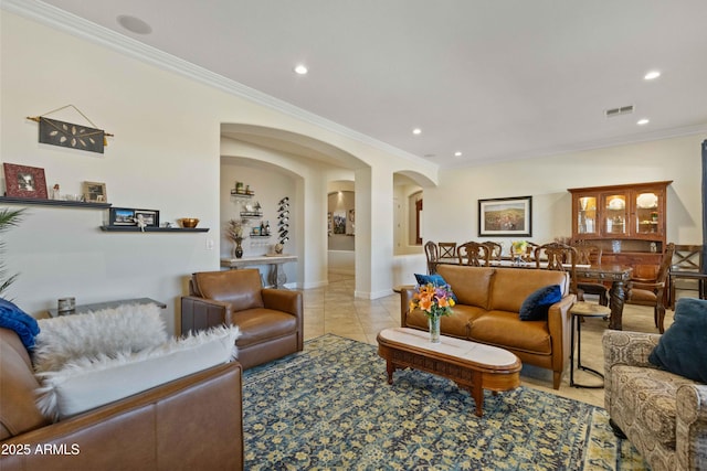 5122 S Miller Pl, Chandler, AZ 85249 - living area featuring recessed lighting, arched walkways, light tile patterned floors, ornamental molding, and visible vents