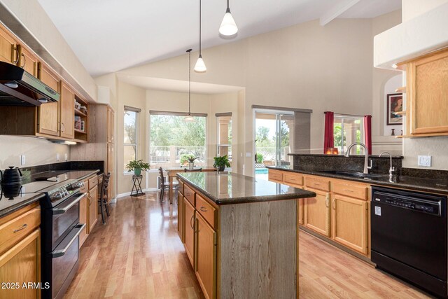 5215 W Del Rio St, Chandler, AZ 85226 - kitchen featuring open shelves, black dishwasher, light wood-style floors, double oven range, and vaulted ceiling with beams