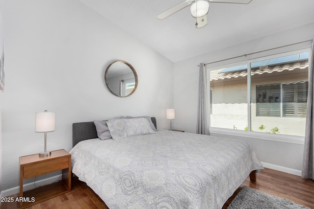 5215 W Del Rio St, Chandler, AZ 85226 - bedroom featuring baseboards, ceiling fan, wood finished floors, and lofted ceiling