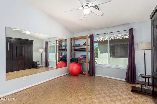 5215 W Del Rio St, Chandler, AZ 85226 - exercise room with ceiling fan, baseboards, vaulted ceiling, and a wealth of natural light
