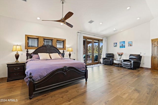 bedroom with access to exterior, ceiling fan, french doors, light hardwood / wood-style flooring, and lofted ceiling