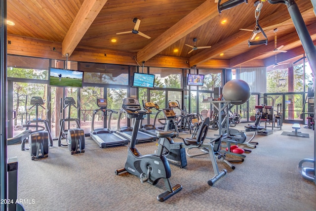 exercise room with wooden ceiling, ceiling fan, high vaulted ceiling, and carpet floors