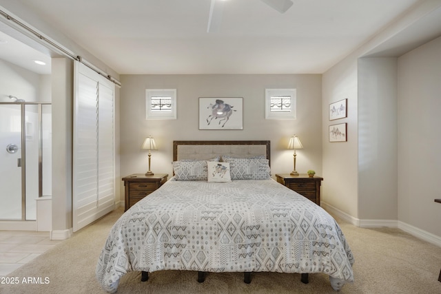 bedroom with light colored carpet