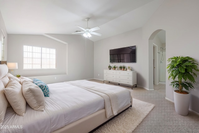 bedroom featuring light carpet, ceiling fan, and lofted ceiling