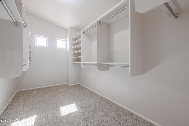 walk in closet featuring carpet flooring and vaulted ceiling