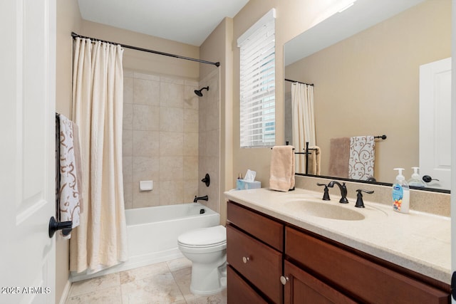 bathroom featuring tile patterned floors, toilet, vanity, and shower / bathtub combination with curtain