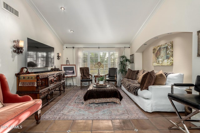 tiled living area with ornamental molding and visible vents