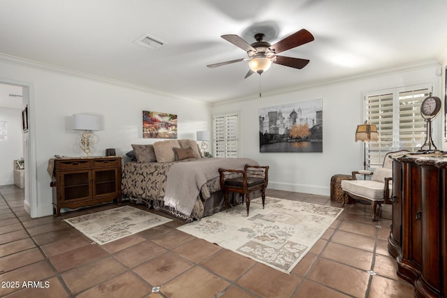 bedroom featuring baseboards, visible vents, tile patterned flooring, and ornamental molding