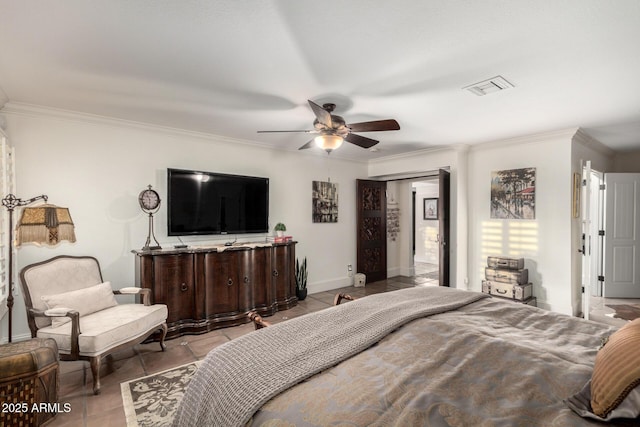 tiled bedroom featuring a ceiling fan, baseboards, visible vents, and crown molding