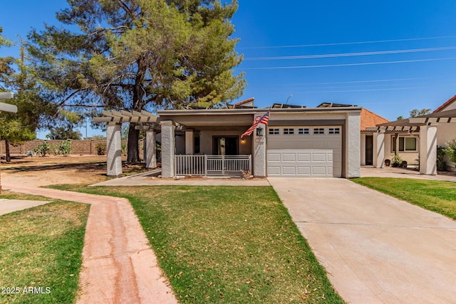 view of front of house featuring covered porch, a garage, concrete driveway, a pergola, and stucco siding