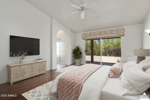 19102 N 91st St, Scottsdale, AZ 85255 - bedroom with access to outside, multiple windows, arched walkways, wood finished floors, and high vaulted ceiling