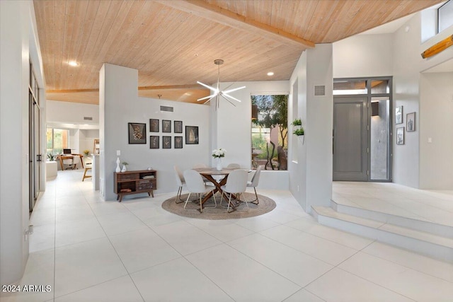 unfurnished dining area with beamed ceiling, wooden ceiling, and high vaulted ceiling