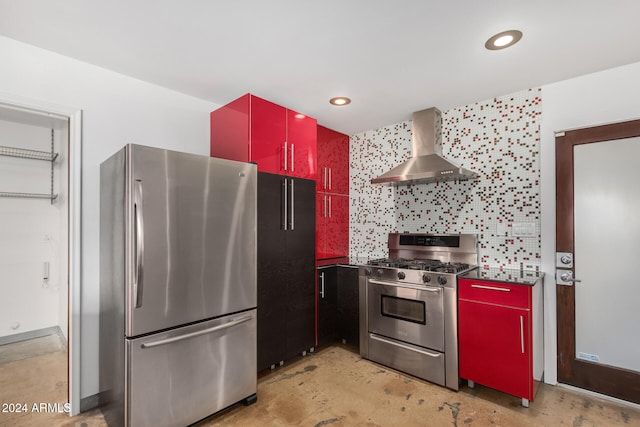 kitchen featuring tasteful backsplash, stainless steel appliances, and wall chimney range hood