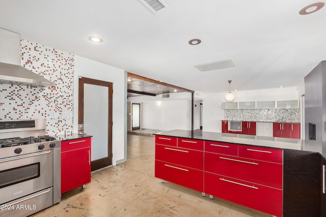 kitchen with backsplash, wall chimney exhaust hood, and stainless steel range with gas stovetop