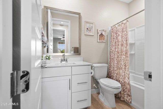 bathroom with vanity, shower / bathtub combination with curtain, tile patterned floors, and toilet