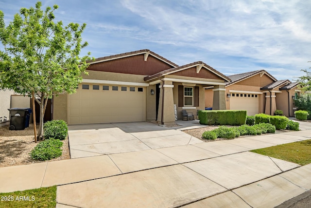 single story home featuring an attached garage, stucco siding, driveway, and a tiled roof