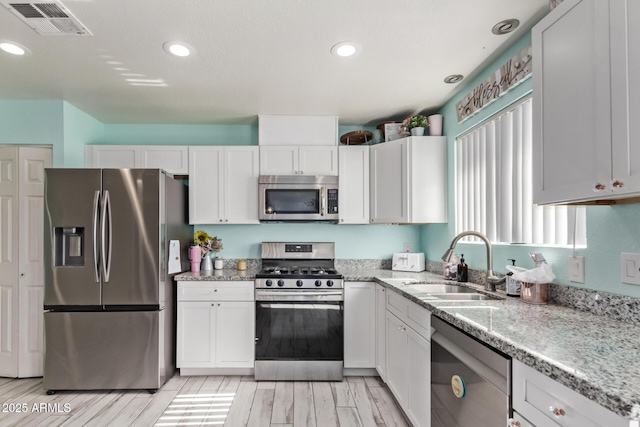 7357 W Cheryl Dr, Peoria, AZ 85345 - kitchen featuring visible vents, white cabinets, a sink, light stone countertops, and stainless steel appliances