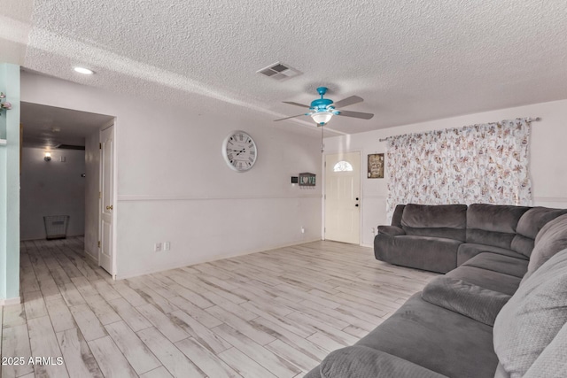 7357 W Cheryl Dr, Peoria, AZ 85345 - living area with a textured ceiling, wood finished floors, ceiling fan, and visible vents
