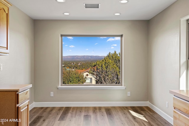 spare room with a mountain view, hardwood / wood-style floors, and a healthy amount of sunlight