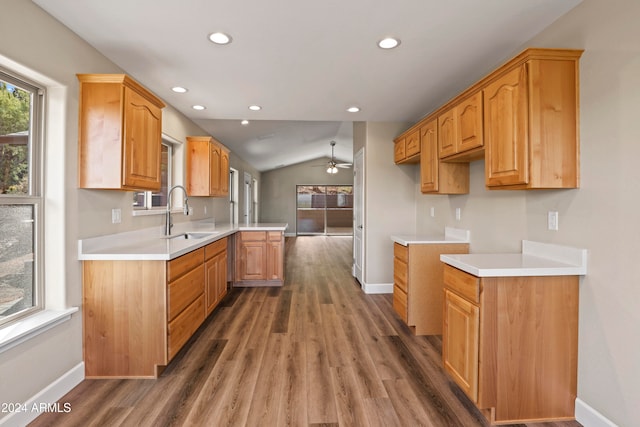 kitchen with ceiling fan, sink, dark hardwood / wood-style flooring, kitchen peninsula, and vaulted ceiling