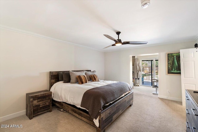 bedroom featuring light carpet, ceiling fan, access to exterior, and crown molding