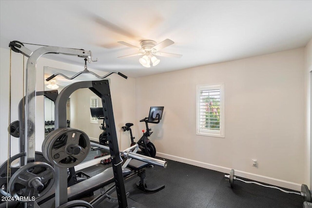 workout room featuring ceiling fan