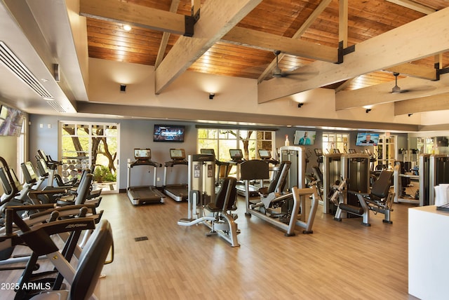 6936 E Snowdon St, Mesa, AZ 85207 - exercise room with a ceiling fan, wood ceiling, plenty of natural light, and wood finished floors