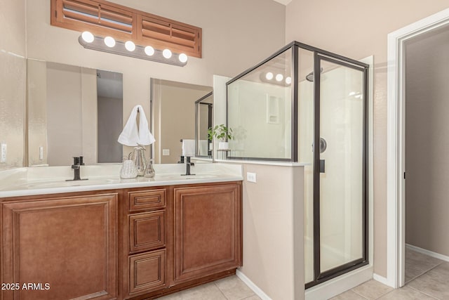 6936 E Snowdon St, Mesa, AZ 85207 - bathroom featuring a stall shower, tile patterned floors, and double vanity