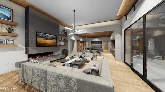 living room with wooden ceiling, a chandelier, and a tile fireplace