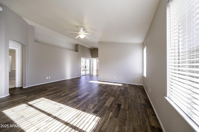 interior space featuring ceiling fan and dark wood-type flooring