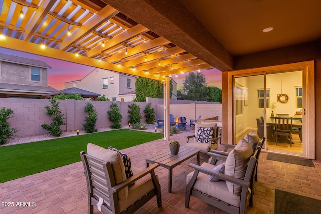 9764 E Thornbush Ave, Mesa, AZ 85212 - patio terrace at dusk with outdoor dining area, a patio area, a pergola, and an outdoor hangout area