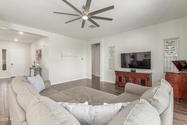 9764 E Thornbush Ave, Mesa, AZ 85212 - living area with wood finished floors, ceiling fan, baseboards, and recessed lighting