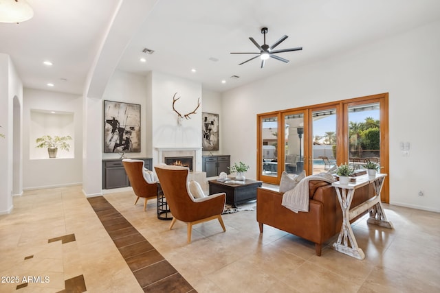 living room featuring light tile patterned flooring