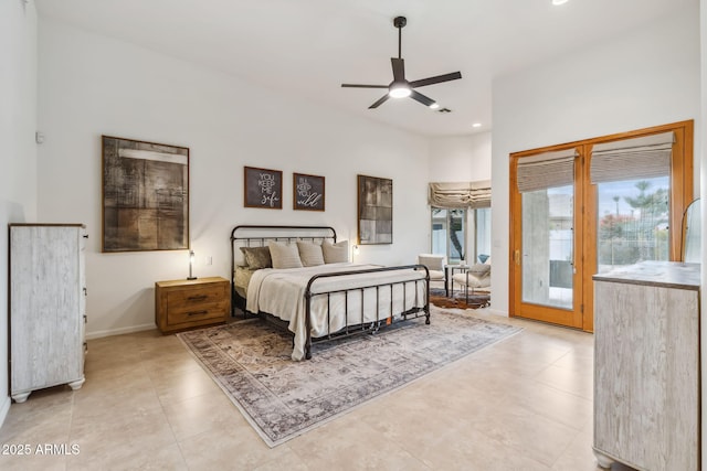 bedroom with access to exterior and ceiling fan