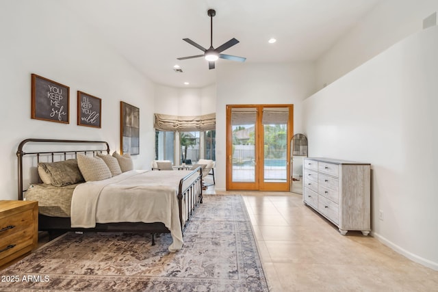 tiled bedroom featuring access to exterior, ceiling fan, and french doors