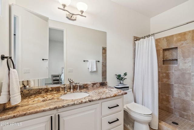 bathroom featuring vanity, toilet, and a shower with shower curtain