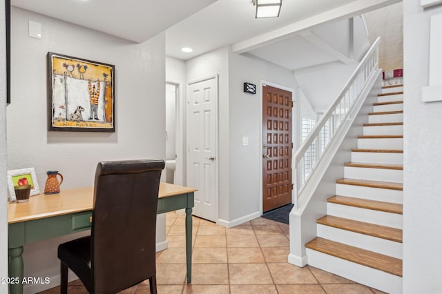 office area with light tile patterned floors, recessed lighting, and baseboards