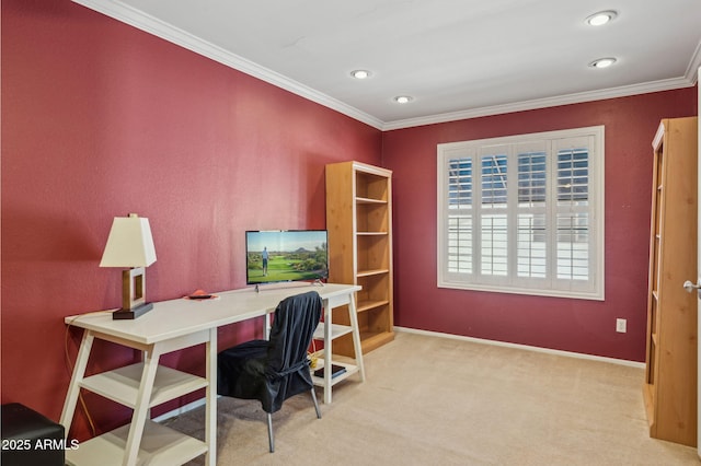 office featuring carpet flooring, recessed lighting, crown molding, and baseboards