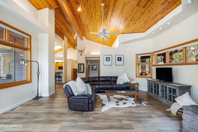 living area with high vaulted ceiling, wooden ceiling, wood finished floors, and baseboards