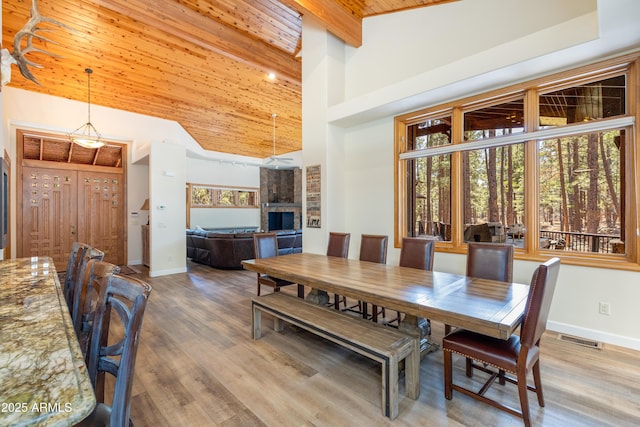 dining room with a fireplace, visible vents, wood finished floors, high vaulted ceiling, and wooden ceiling