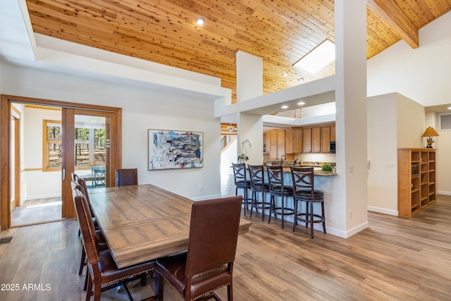 dining area with wooden ceiling, wood finished floors, and baseboards